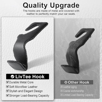 LivTee Headrest Hook for Car, Back Seat Organizer Black Leather Hanger Holder Hook, Interior Car Accessories for Hanging Purses Bags Coats, 4 Pack - Image 4