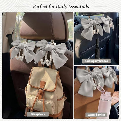 2PCS Satin Bow Pearl Car Seat Headrest Hooks – Car Bag Holder & Vehicle Hanger for Purses – Cute Coquette Aesthetic Interior Decoration – Cute Auto Organizer Accessories Universal (Moonlight Grey) - Image 5