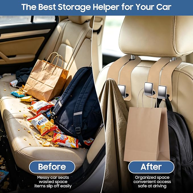 Amooca Car Headrest Hooks 2-Pack Suede Seat Organizer with Metal Core | Universal Fit, Double-hook Design, Backseat Storage for Backpack Umbrella Water Bottle Coat Purses Handbags Groceries, Beige - Image 2