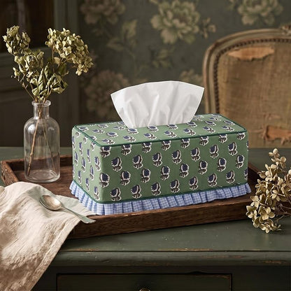 Block Print Fabric Tissue Box Cover, Flower Buds, Sage Green | Rectangular Ruffle Sleeve, Decorative Holder for Bathroom Vanity Car, Napkin Dispenser Grand Millennial Boho Decor Home - Image 7