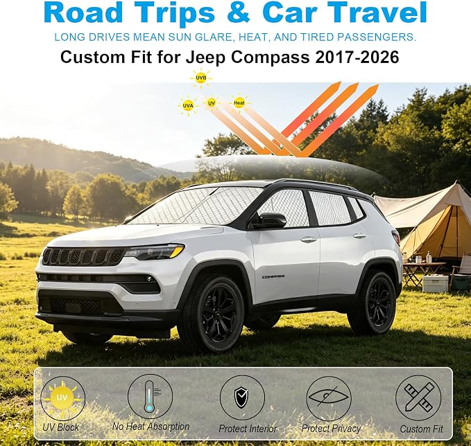 KMF Windshield Sun Shade with Side Rear for Jeep Compass 2017-2026 | 8pcs Thickened Window Sun Shade Cover Sun Visor Shield,Car Window Covers for Camping,UV Block and Privacy Protect Accessories - Image 2