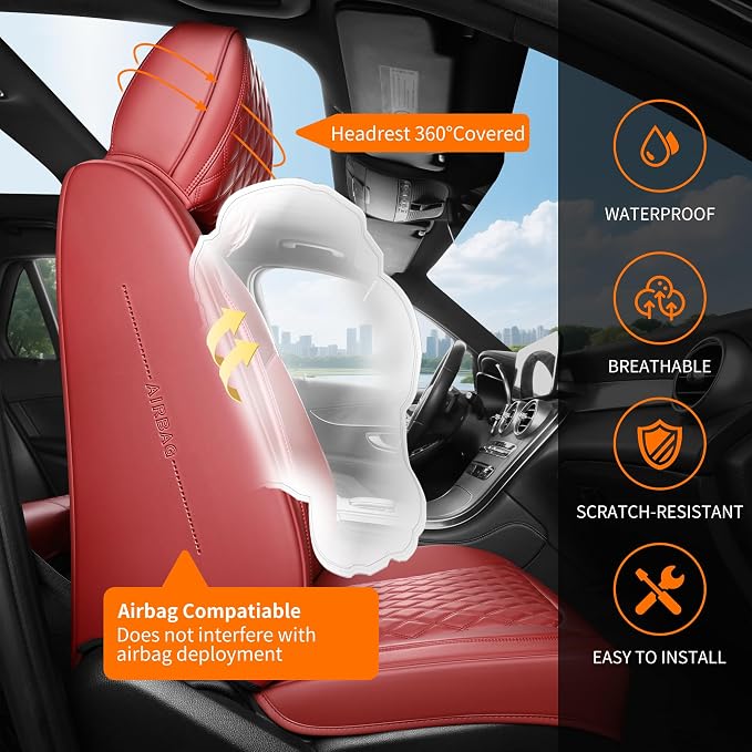 Red Burgundy Thick Nappa Leather Automotive Car Seat Covers Set of 1 | Univerasal Fit,3D Contoured,Full Coverage,Waterproof,ThickTexture Nappa Leather,for most Suvs Trucks Sedans - Image 2