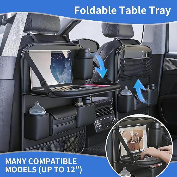 Car Seat Back Organizer with Foldable Tray, Car Seat Back Protector, Premium Leather Kick Mats, Multiple Storage Pockets, Travel Accessories for SUV Truck (Long) - Image 5