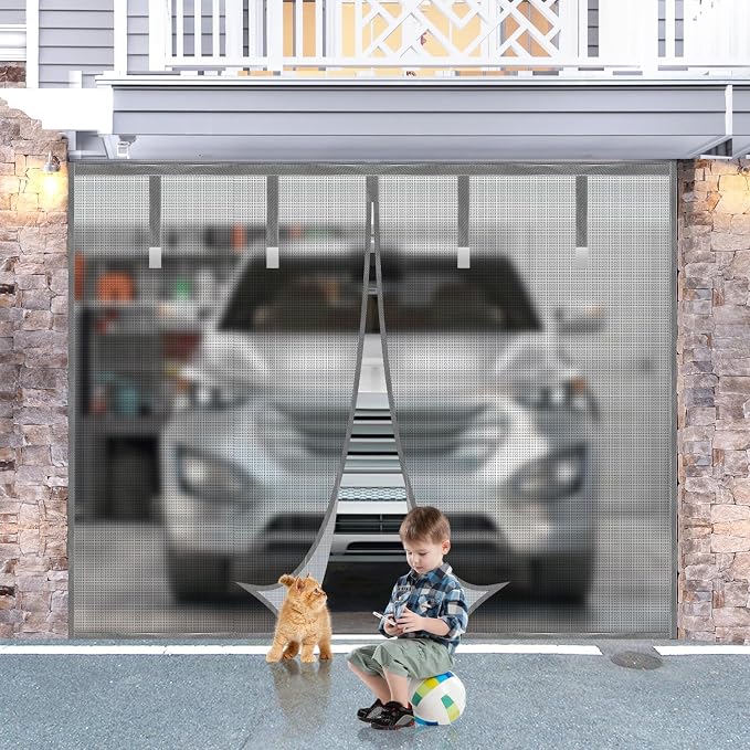 Garage Door Screen, Sunmoxia 8x7Ft Magnetic Heavy Duty Garage Door Curtain with 4 Strapping Tapes Durable Breathable Anti-Tear Mesh Patio Porch Privacy Curtain (Silver) by Sunmoxia