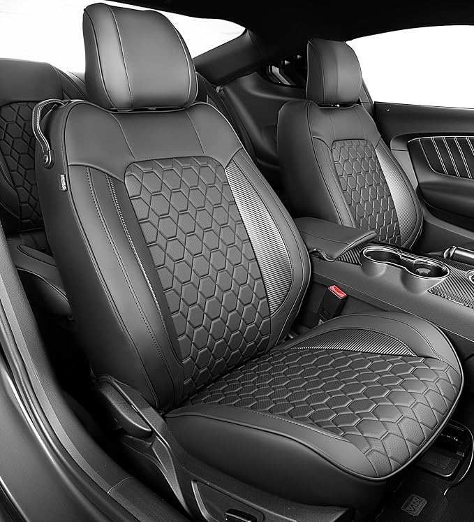 Custom Leather Car Seat Covers for Ford Mustang 2015-2023 Coupe,Black | Full Coverage Waterproof Car Seat Protector,Front & Rear Full Set,Split Backrest Compatible,Wear-Resistant,Airbag Compatible by Vidokena
