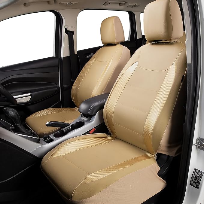Flying Banner car seat Covers Protects Water Proof Faux Leather Carbon Fiber Fronts Golden Beige (Beige Golden, Front Pair) - Image 2