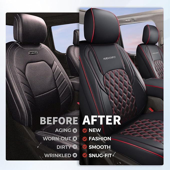 Huidasource 2007-2017 Wrangler JK Seat Covers 2 Door Full Set, Black&Red | Waterproof Leather Custom Car Seat Cover, JK Seat Cushion Protector Fit for Jeep Wrangler JK 2-Door Sahara Sport Rubicon - Image 4