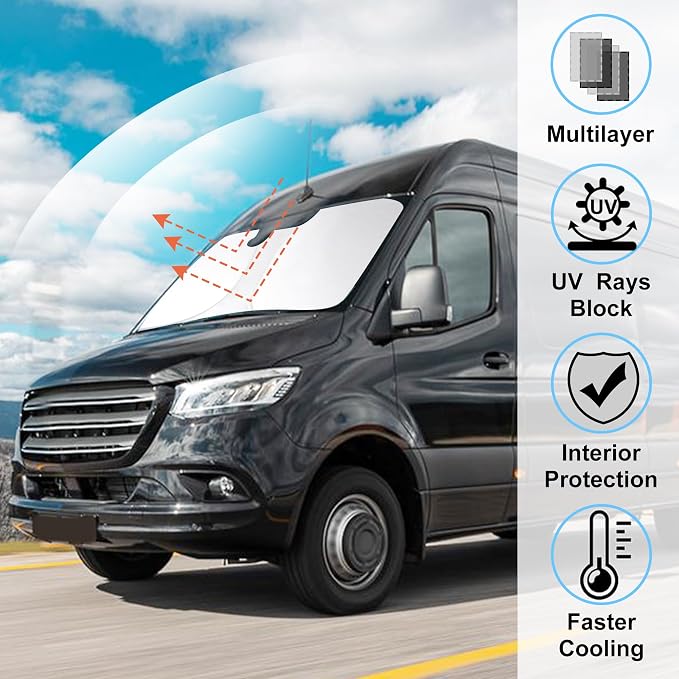 Windshield Sun Shade for 2007-2026 Mercedes Benz Sprinter | Full covered, Foldable & Durable, Block UV Rays, Reduce Heat, Easy to install, Keep Car Cooler - Image 2