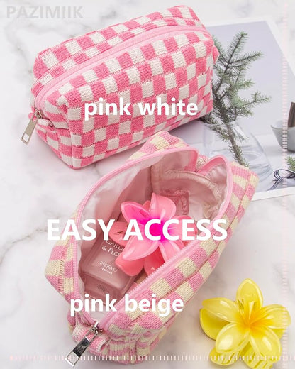 Checkered Makeup Bag for Purse, Small Travel Cosmetic Pouch,Pink Beige | Cute Zipper Makeup Organizer for Women, Travel Essentials, Toiletries, Makeup Brushes, Beauty Accessories&Bridesmaid Gifts - Image 6