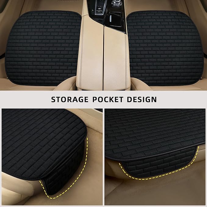 Black Linen Back Seat Cover, Rear Car Seat Cover for Cars Truck SUV | Cloth Seat Covers for Cars, Seat Covers with Storage Pocket, Bottom Auto Seat Cushion Pad Mat for Most Vehicles - Image 3