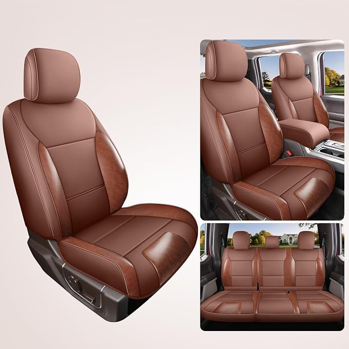 Red Rain for Ford F150 Seat Covers SuperCrew/CrewCab 2015-2025 XL XLT STX | Waterproof Leather Truck Seat Cover Full Set with Airbag Compatible Brown and Orange Auto Seat Protector (F150-Brown+Orange) - Image 3