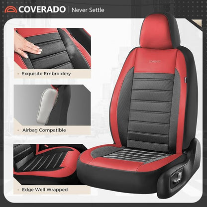 Coverado Car Seat Covers Front Seats, Luxury Leather Car Seat Covers, Automotive Mesh Seat Covers 2 Pack, Airbag-Compatible, Black Red Seat Covers for SUV Sedan Truck - Image 4