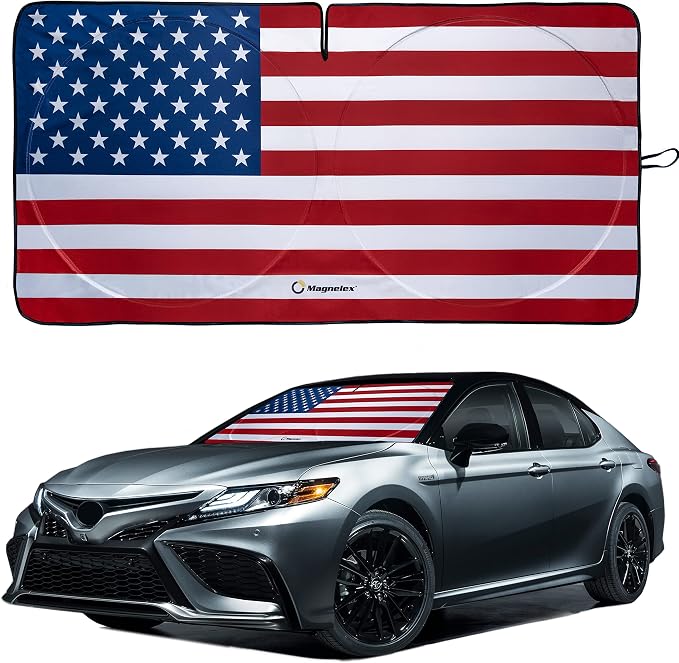 Magnelex American Flag Windshield Sun Shade, High-Resolution Car Sun Shield with Mirror Cut-Out for Automotive Interior Sun Protection Heat Reduction, Folding Car Sunshade - Large by Magnelex