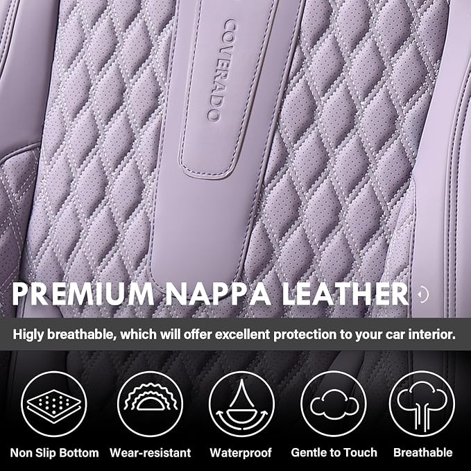 Coverado Seat Covers Full Set, Purple Car Seat Covers, Waterproof Car Seat Cover with Lumbar Support, Leather Car Seat Cushion Protector, Car Seat Covers Universal Fit Most Cars - Image 6