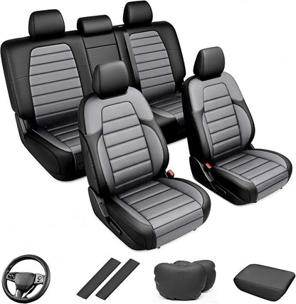 Custom Fit Seat Covers for Honda CRV 2017-2022 Front & Rear Set | Airbag Compatible,Faux Leather,5-Piece Set, Includes Neck Pillows, Armrest Cover, Steering Wheel Cover & Seat Belt Covers by AOMSAZTO