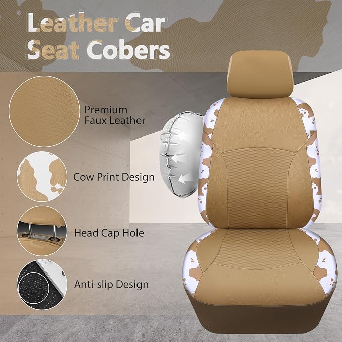 CAR PASS Cow Print Faux Leather Car Seat Covers & Cow Car Mats & Cow Steering Wheel Cover Seat Belt Pads Universal fit for SUV,Van,Saden,Truck Cute Car Accessories Automobile Interior Sets All Beige - Image 5