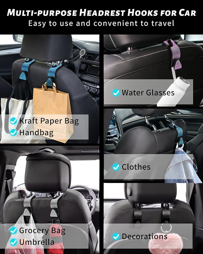 Sparkling Car Seat Hooks, 4 Pack, Black Purse Holder for Car Headrest, Chic Automotive Accessories for Women Essentials Handbag Clothes Coats Grocery Bags - Image 6