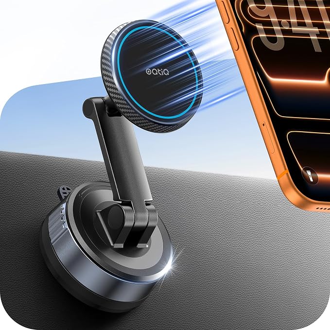 Magnetic Phone Holder for Car, Suction Cup Phone Mount for MagSafe | Dual Pivot Adjustable Arm, 360° Rotation, 67mm Strong Suction Cup, Dashboard Phone Holder Compatible with MagSafe by OQTIQ