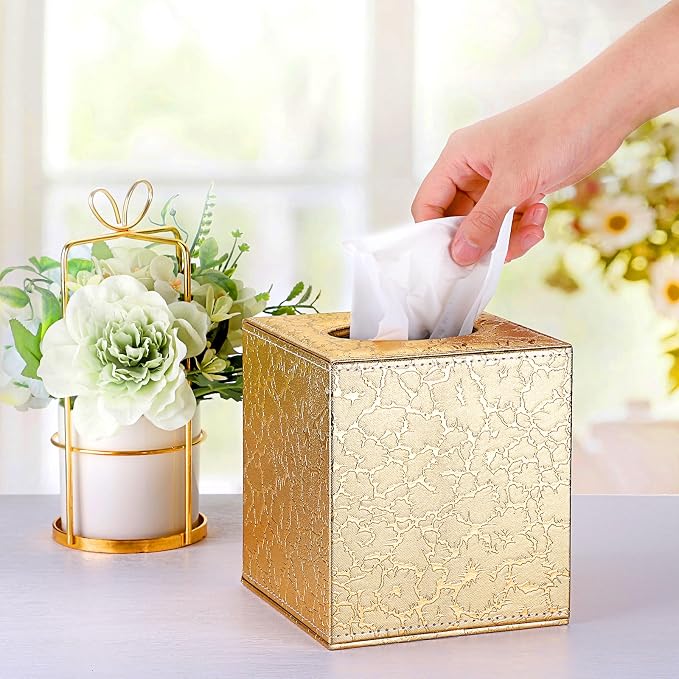 Sumnacon Square Leather Tissue Box Cover - Stylish Cube Tissue Box Holder with Magnetic Bottom, Decorative PU Tissue Box for Vanity Dresser Night Stand Table Countertop Home Office Car, Gold | Stylish Cube Tissue Box Decorative Tissue Covers for Vanity... - Image 2