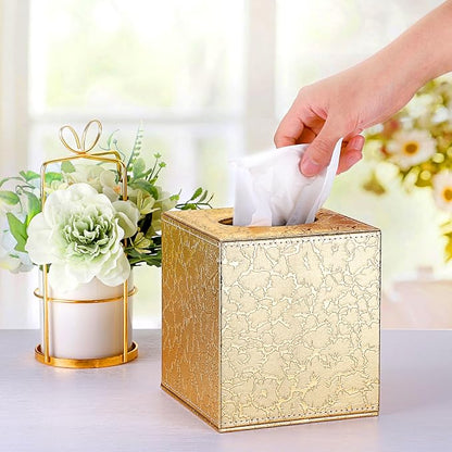 Sumnacon Square Leather Tissue Box Cover - Stylish Cube Tissue Box Holder with Magnetic Bottom, Decorative PU Tissue Box for Vanity Dresser Night Stand Table Countertop Home Office Car, Gold | Stylish Cube Tissue Box Decorative Tissue Covers for Vanity... - Image 2