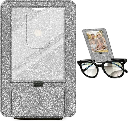 2-in-1 Car Visor Sunglasses & Photo Holder, Magnetic PU Leather Glasses Clip with Picture Display Slot, Universal Sun Visor Organizer for Eyeglasses, Personalized Cards & Memories, Silver Glitter by Unknown