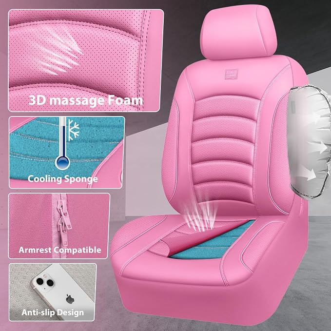 CAR PASS 3D Foam PU Leather Car Seat Covers, Universal Seat Covers Full Sets for Trucks SUV Sedan Automotive Seat Covers Armrest Airbag Compatible Waterproof Comfortable Faux Nappa Leather All Pink - Image 3
