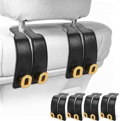 Car Headrest Hooks Universal Car Purse Hook Premium Leather and Alloy Twin Hook Car Seat Back Storage Hanger Hook for Purse Bags Cloth Drink Durable Holder Car Accessories (BH09-Black-Gold-4 Pcs) by GELVTIC