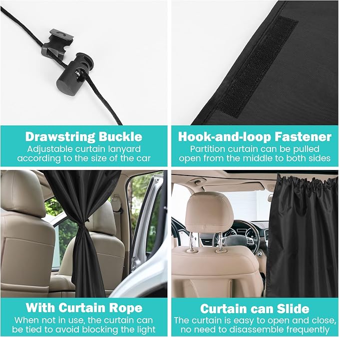 VANPET 99% Light Blocking Car Curtains, 1 Rear Seat Divider Curtain & 2 Rear Side Window Curtains, Car Curtains for Windows, Wide Sedan SUV Sunshade Covers Car Cabana(Extra Large Car Curtains 3 Pcs) - Image 6