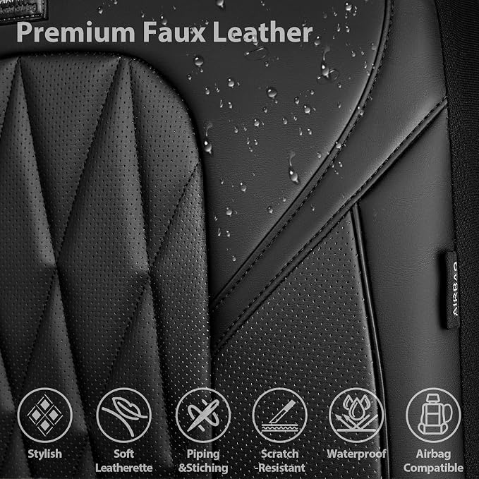 CAR PASS Nappa Leather High Back Front Seat Covers, Tesla Model 3 Model Y Breathable Faux Leather Front Bucket Seat Covers, Anti-Slip Airbag Compatible Universal Fit for Sedan SUV Van Truck, Black - Image 4