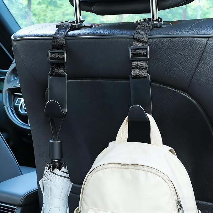 4-Pack Universal Car Headrest Hooks Anti-drop Seat Back Organizer for Bags | Adjustable Nylon Straps, Heavy-Duty Holds 40 lbs, Thickened ABS, Hanger for Handbag Backpack Groceries Water Bottle, Black - Image 2