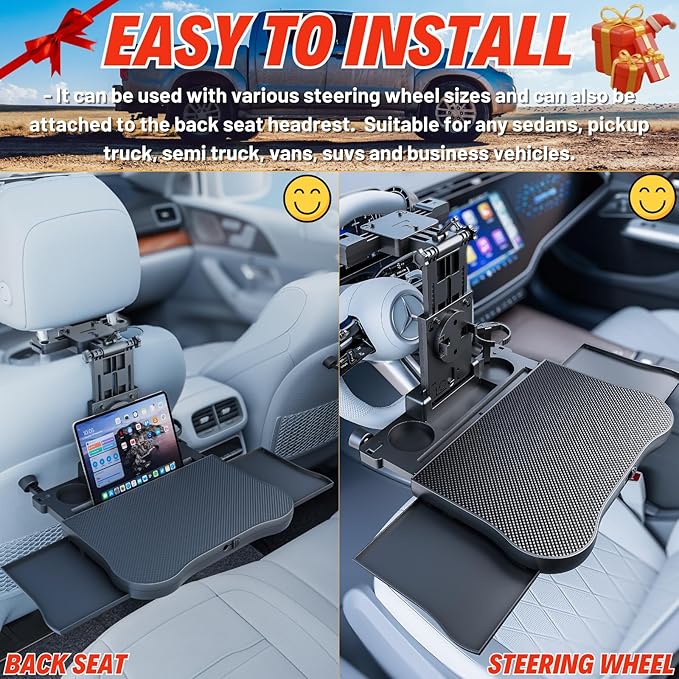 Car Back Seat Tray Table for Older Kids & Passengers, Road Trip Travel | Sturdy Desk Holds Laptop/Meals, 360° Rotatable Phone Holder & Dual Cup Slots, Adjustable Height for Older Kids & Adults - Image 4