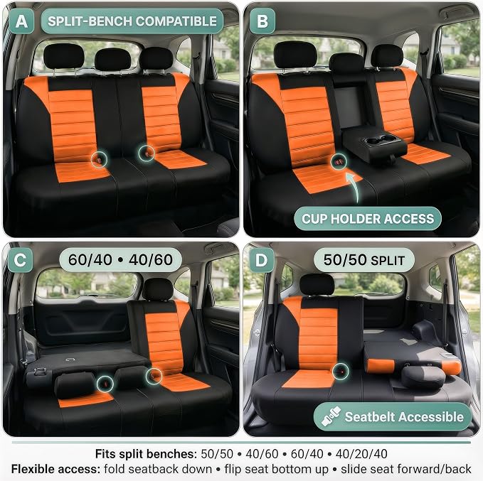 FH Group Automotive Car Seat Covers Rear Set Premium 3D Air Mesh Seat Covers, Airbag Compatible and Split Bench Cover Universal Fit Interior Accessories for Cars Trucks and SUVs - Orange - Image 2