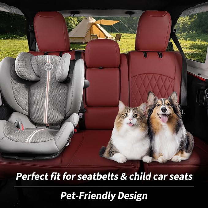 Full Set Seat Covers for 2018-2023 Jeep Wrangler 4drs,Rear w/Armrest(Wine) | 1:1 Custom Fit,Factory Look,Easy Installation,Airbag Compatible,Waterproof Faux Leather & Easy to Clean,Pet Friendly - Image 2