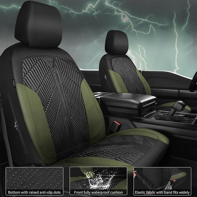 CAR PASS Waterproof Car Seat Covers Front Seats Covers Neoprene Wetsuit, All-Weather Non-Slip Durable,Universal Fit for SUV Sedans Trucks Vans Automotive,Armrest Airbag Compatible,Emboss 2 Black Green - Image 4