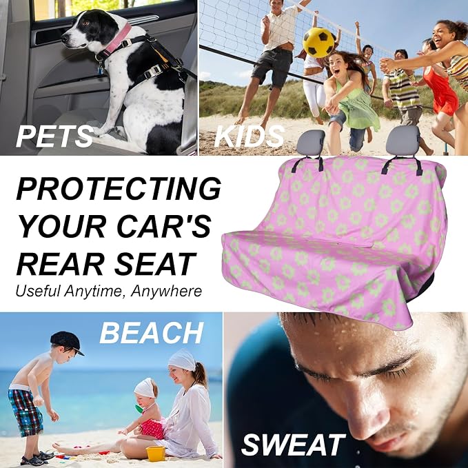 Sweat Towel Car Seat Cover Protector Front Seats for Gym Workout, Running, Swimming, Beach and Hiking, Waterproof Universal Seat Cover for Car, Trucks, Van & SUV (1, Pink Flower, Rear Seat) - Image 4