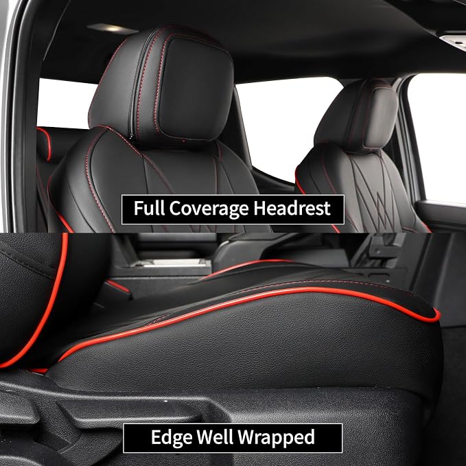 EKR Tacoma Car Seat Covers Custom Fit for Toyota Tacoma (Petrol) 2024 2025 2026 DoubleCab/CrewCab SR/SR5/TRD Sport/TRD Off-Road/Limited -Truck Seat Covers Full Set,Faux Leather(Black with Red Trim) - Image 3