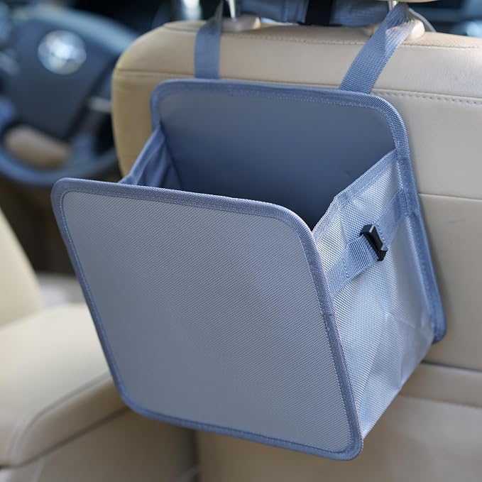 Ginsco 2 Gallons Open-Top Car Trash Can, Hanging Car Trash Bag with Water-proof PEVA Liner, Stand Car Trash Bag Foldable Car Storagge Bag for Cars SUV Truck (Light Gray) by Ginsco