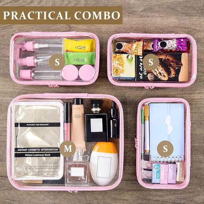 3-PCS Medium Clear Hard Shell Zipper Pouches, Clear Zipper Bags (3M, Green) | CLear Diaper Bag, Toiletry Pouch, Travel Organizer, Cosmetic Bag,Toy Storage Bins (M+3S)(Baby Pink) - Image 6