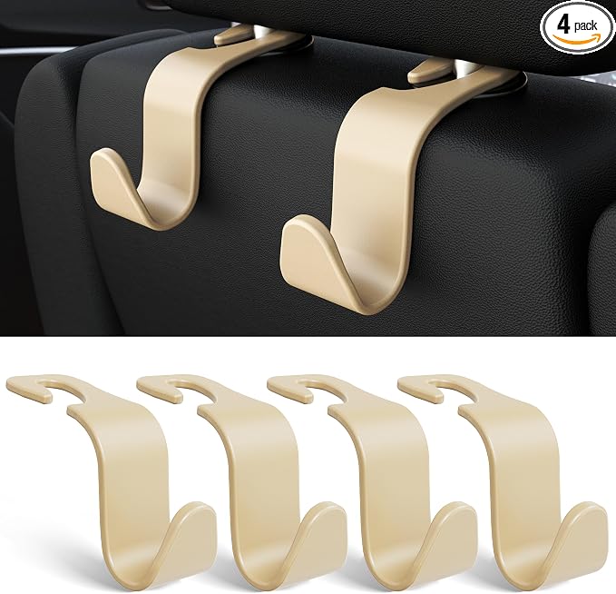 4-Pack Car Headrest Hooks Holds 55lbs Seat Storage Organizer for Bags | Durable ABS Material, 360° Rotating, Car Hanger for Backpack Umbrella Water Bottle Coat Purses Handbags Groceries, Beige by Amooca