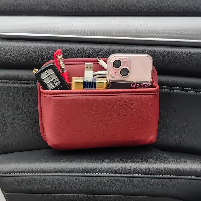 Car Seat Side Pocket Organizer for Car Doors and Consoles, Burgundy | Reusable Adhesive Car Storage Bag, Holds phones keys wallet sunglass etc, Suitable for all vehicles, PU Leather by ZQLYCSK