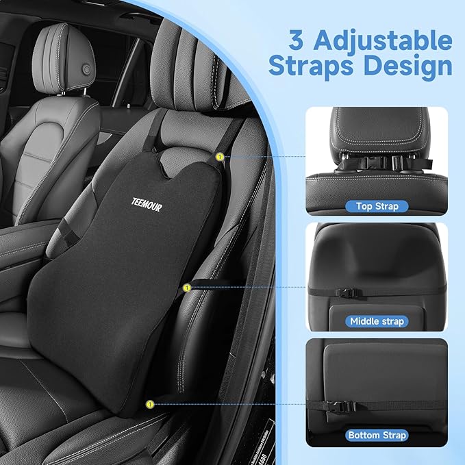 Teemour Lumbar Support Pillow for Car Seat, Memory Foam Back Support Pillow with Adjustable Straps, Medium Soft Car Back Cushion for Driving, Truck, SUV, Office Chair, Black - Image 4