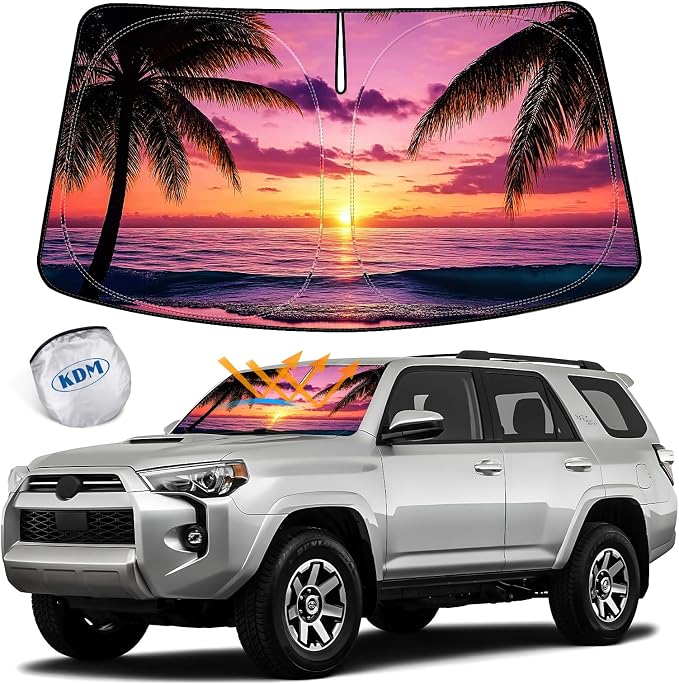 KDM Sunset Beach Style Windshield Sun Shade for 2010-2023 Toyo-ta 4Runner | Foldable Front Reflective Windows Sunshade Visor Protector Blocks UV Rays Heat by KDM