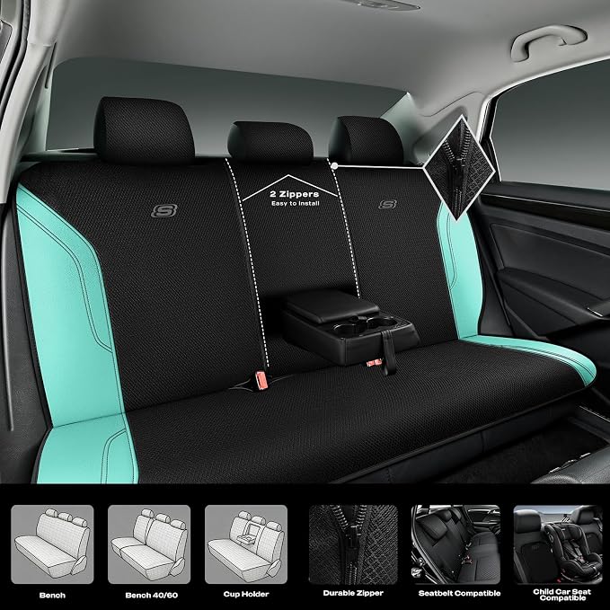 Skechers Work Seat Covers, Leather Car Seat Covers 5-Times Stronger Built-in Webbing, Oxford Fabric Seat Cover Full Sets, Airbag Compatible, Automotive Comfort for Cars, Trucks, SUVs,Mint - Image 7
