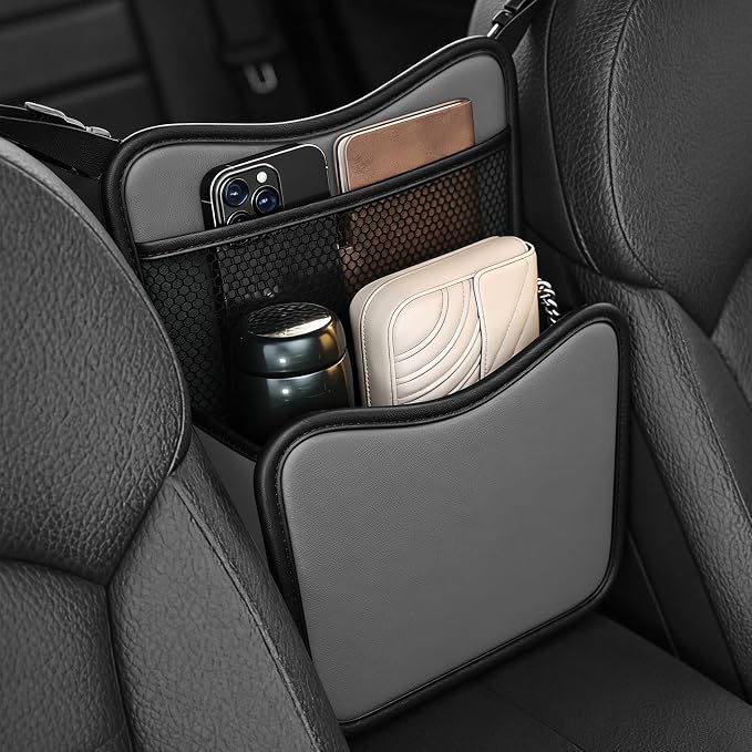 Car Organizer Storage Between Seats, Car Purse Holder, Nappa Leather Front Seat Storage Bag with Tissue Holder, Large Capacity Auto Console Organizer for Document Phone Wallet Snack (White) by Unknown