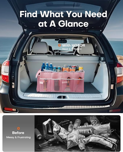 HOTOR Trunk Organizer - Foldable Car Organizer for SUVs & Sedans Storage | Sturdy Car Organization for Men & Women, Car Accessories, Tools, Sundries, Pink, 2 Compartments, 23.6" x 14.2" x 10.6" - Image 6