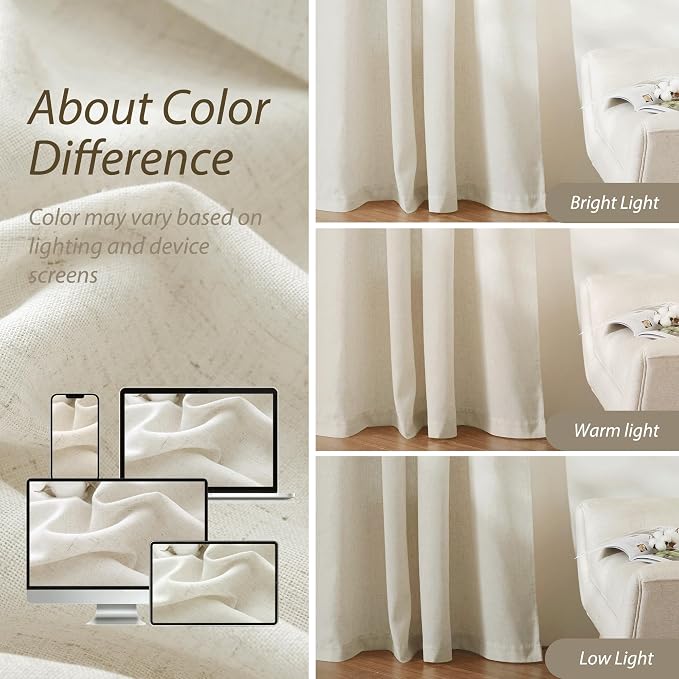 RYB HOME Linen Sheer Curtains 2 Panels for Living Room, Semi Transparent Privacy Drapes with Rod Pocket Farmhouse Style Window Treatments for Bedroom, Linen, 70" W x 95" L - Image 6