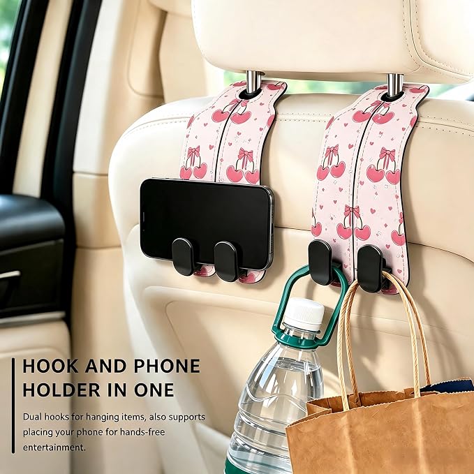 Car Seat Back Headrest Hooks - 2 Pack, Pink Cherry Bow Pattern Purse Hook for Car, Metal Leather Multifunctional Auto Hanger Organizer for Bags Water Bottles Phones - Image 5