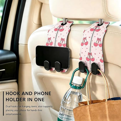 Car Seat Back Headrest Hooks - 2 Pack, Pink Cherry Bow Pattern Purse Hook for Car, Metal Leather Multifunctional Auto Hanger Organizer for Bags Water Bottles Phones - Image 5