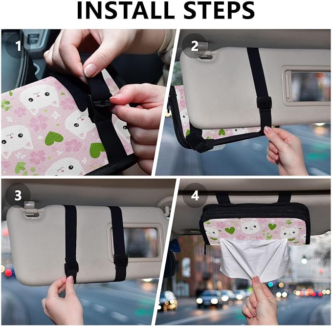 Car Tissue Holder Car Napkin Holder Car Tissue Box Dispenser Storage Case Sun Visor Mask Holder with Adjustable Straps Reusable Refillable Pink Cute Sakura Cat Faces Hearts - Image 5
