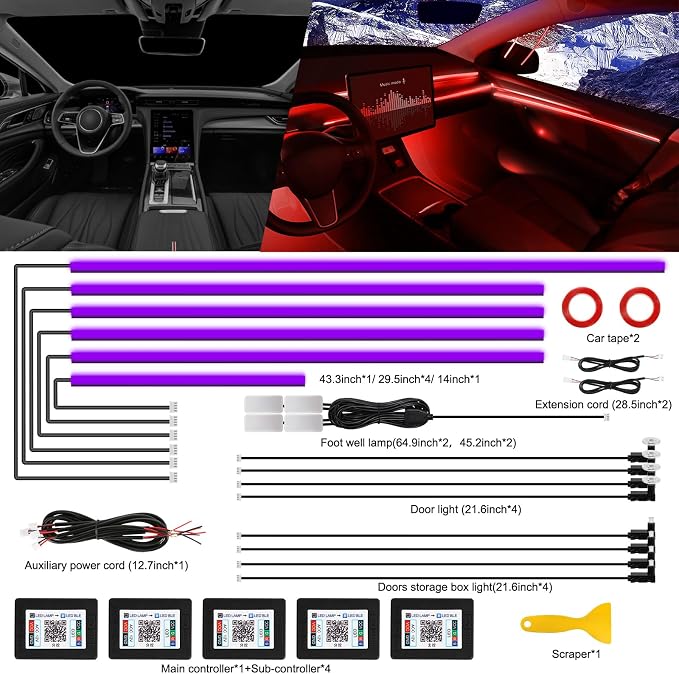 Acrylic Interior Car LED Strip Light with Wireless APP, Car Accessories 18 in 1 with 175 inches 593 LEDs Fiber Optic Ambient Lighting Kits, RGB Dynamic Music Sync Neon LED Strip Light for Car - Image 2